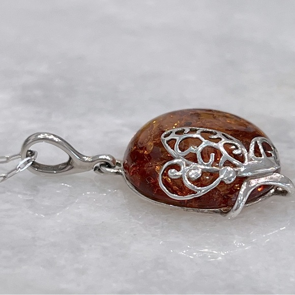 Baltic Amber Sterling Silver Pendant with Butterfly Detail Necklace - Picture 7 of 12